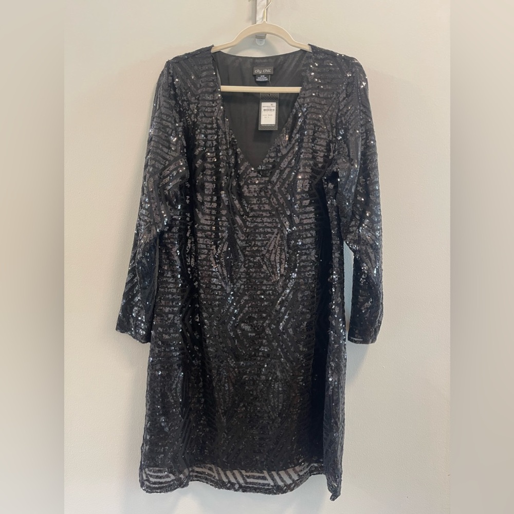 NWT City Chic Sequin Dress Long Sleeve Black Sz 16